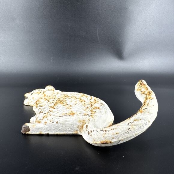 Vintage Cast Iron Cat Wall Hook Key Coat Hanger Rustic White Rusty Patina - Picture 2 of 12